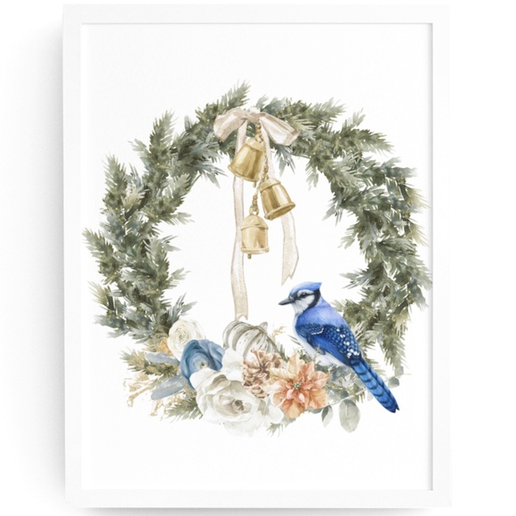 Creative Path Studios Other - Wall Art Watercolor Blue Jay Christmas Wreath Illustration Print Card, Unframed